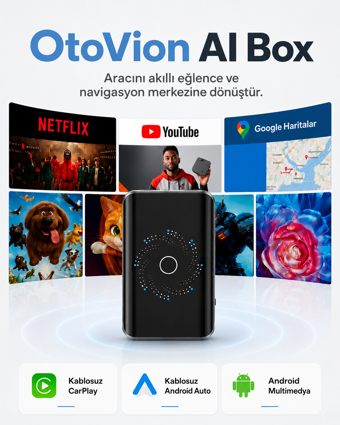 OtoVion™ AI Box – Kablosuz CarPlay, Android Auto ve Akıllı Multimedya Cihazı