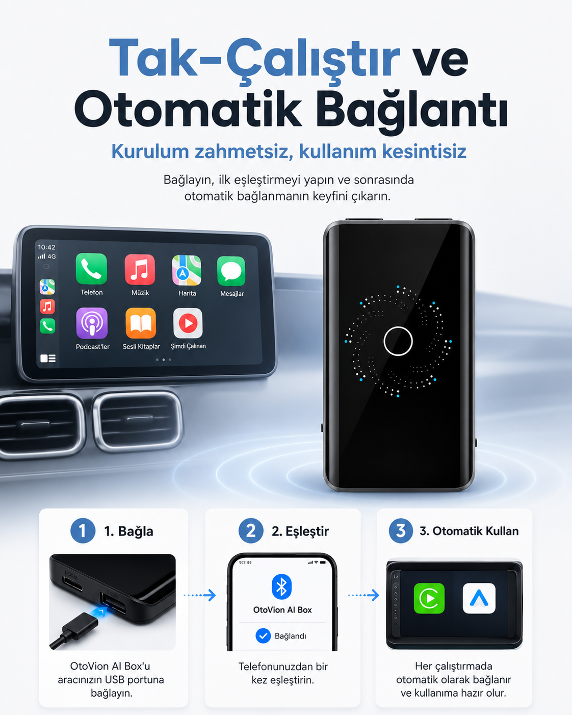 OtoVion™ AI Box – Kablosuz CarPlay, Android Auto ve Akıllı Multimedya Cihazı