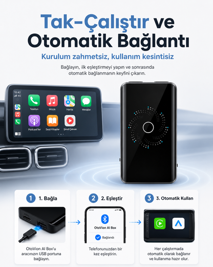 OtoVion™ AI Box – Kablosuz CarPlay, Android Auto ve Akıllı Multimedya Cihazı