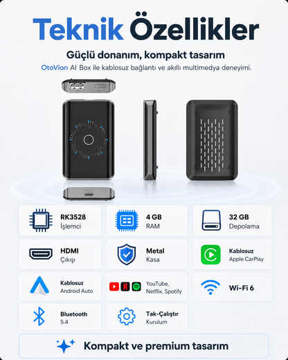 OtoVion™ AI Box – Kablosuz CarPlay, Android Auto ve Akıllı Multimedya Cihazı